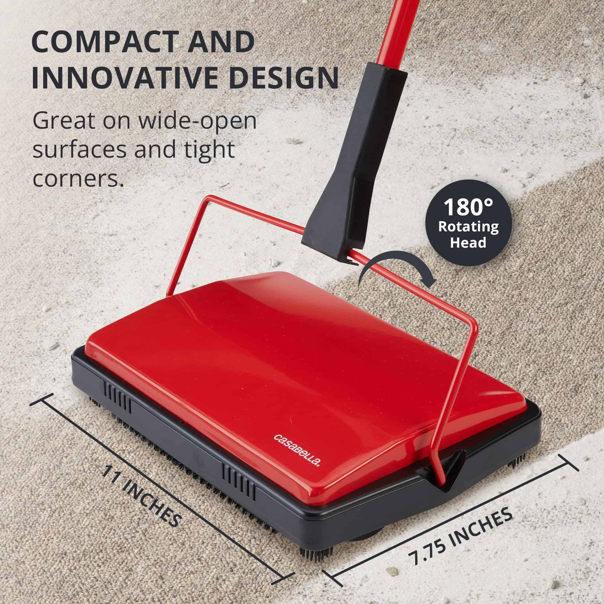 Casabella Electrostatic Floor And Carpet Sweeper, Non-Electric Vacuum Broom and Hand Push Floor Sweeper, Red