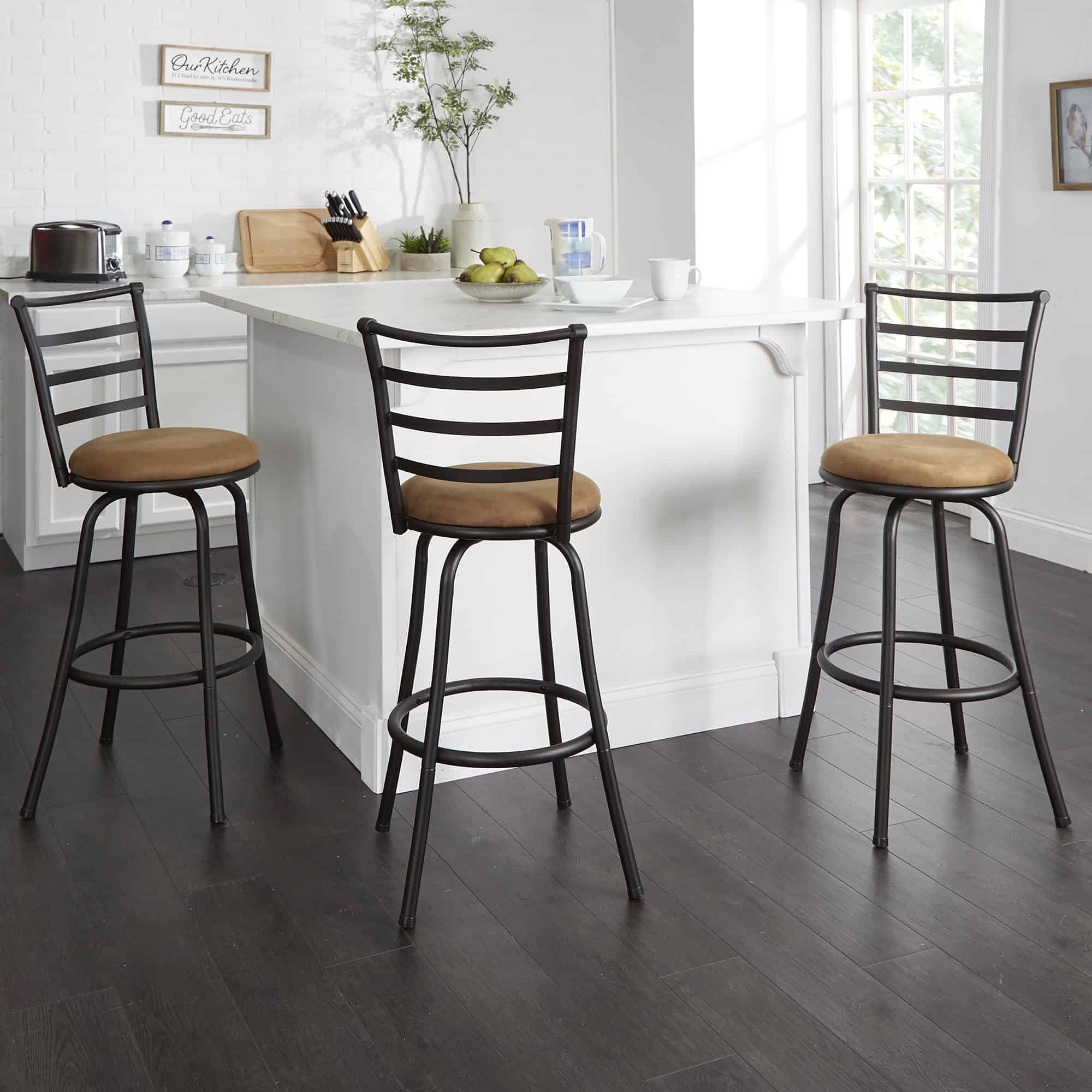 Mainstays 3-Pack Indoor Adjustable 24" or 29" Bronze Ladder Back Swivel Barstool, Tan Microfiber Seat