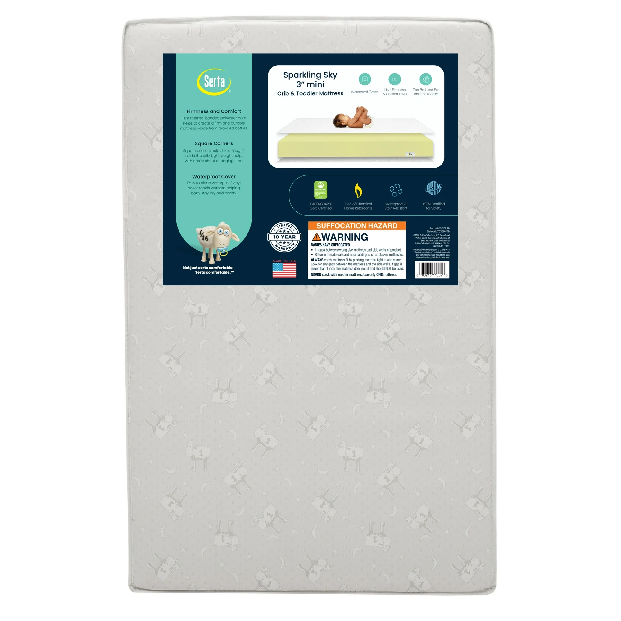 Serta Sparkling Sky 3" Mini/Portable Crib & Toddler Foam Mattress, GREENGUARD Gold
