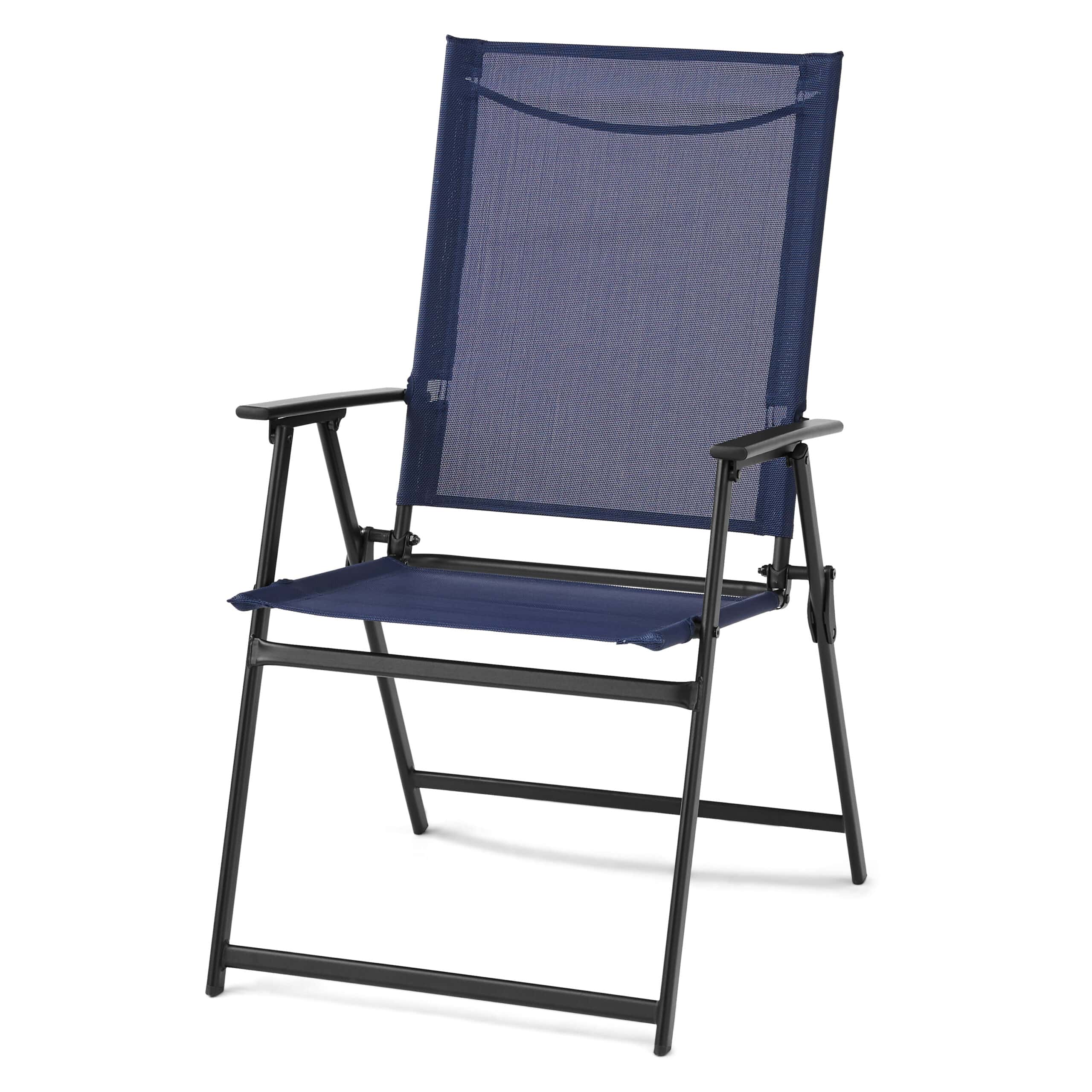 Mainstays Greyson Steel and Sling Adult Folding Outdoor Patio Armchair, Navy (Set of 2)