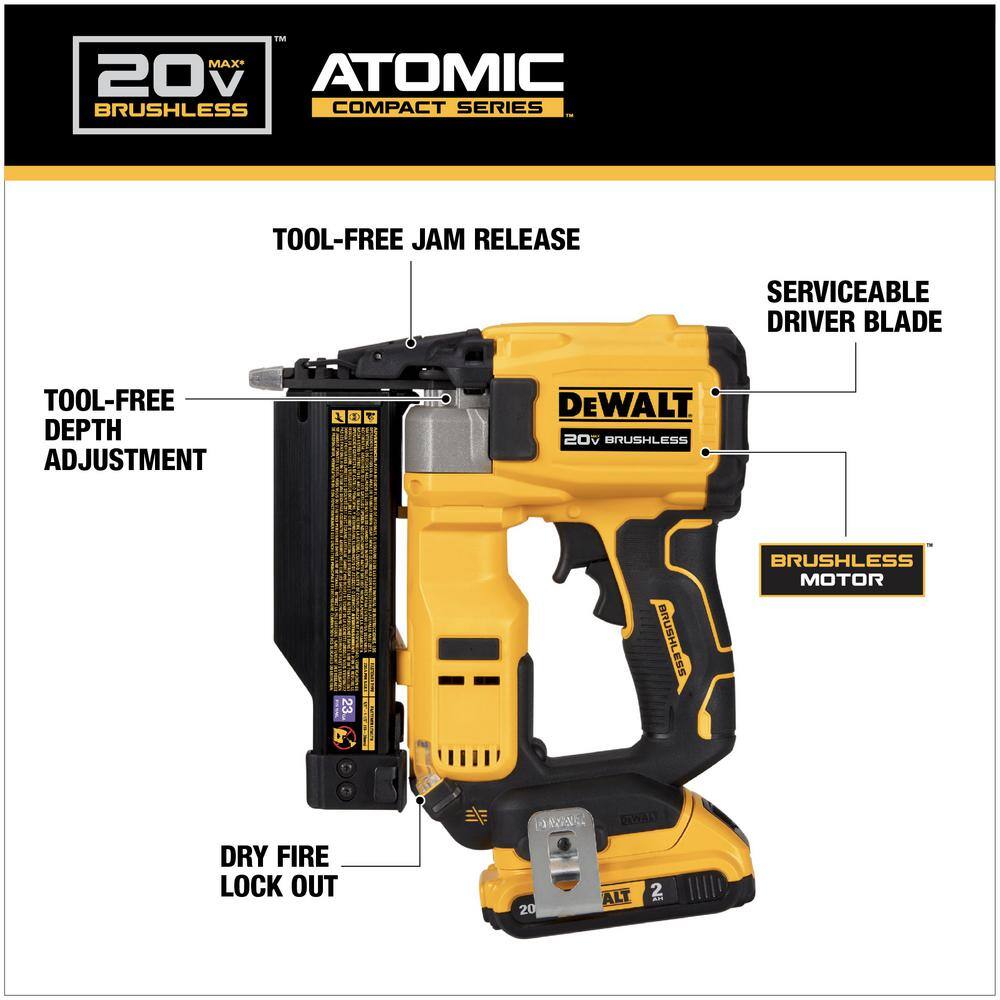 DEWALT ATOMIC 20V MAX Lithium Ion Cordless 23 Gauge Pin Nailer Kit with 2.0Ah Battery and Charger