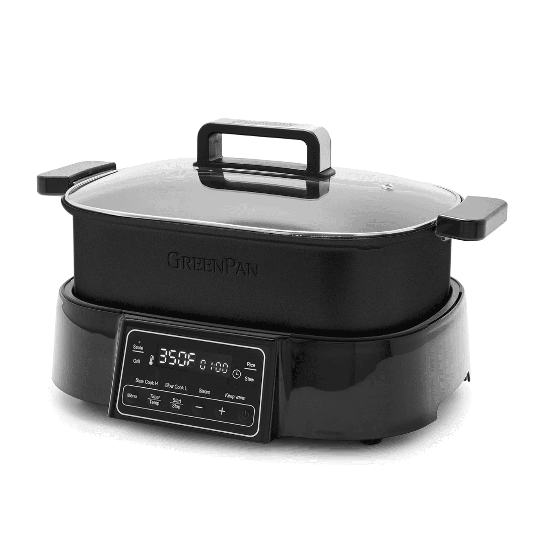 GreenPan 6.5QT Multi-Cooker Skillet Grill & Slow Cooker, 8-in-1 Presets to Saute,Steam, Grill, Stew, Stir-Fry,Heat, & Cook Rice, Matte Black