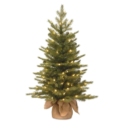 National Tree Company Pre-Lit 'Feel Real' Artificial Mini Christmas Tree, Green, Nordic Spruce, White Lights, Includes Burlap Bag Base, 3 Feet