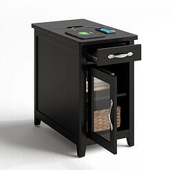 LINSY HOME End Tables for Living Room with Charging Station, Nightstand for Bedroom with Drawer and Detachable Holder,Black