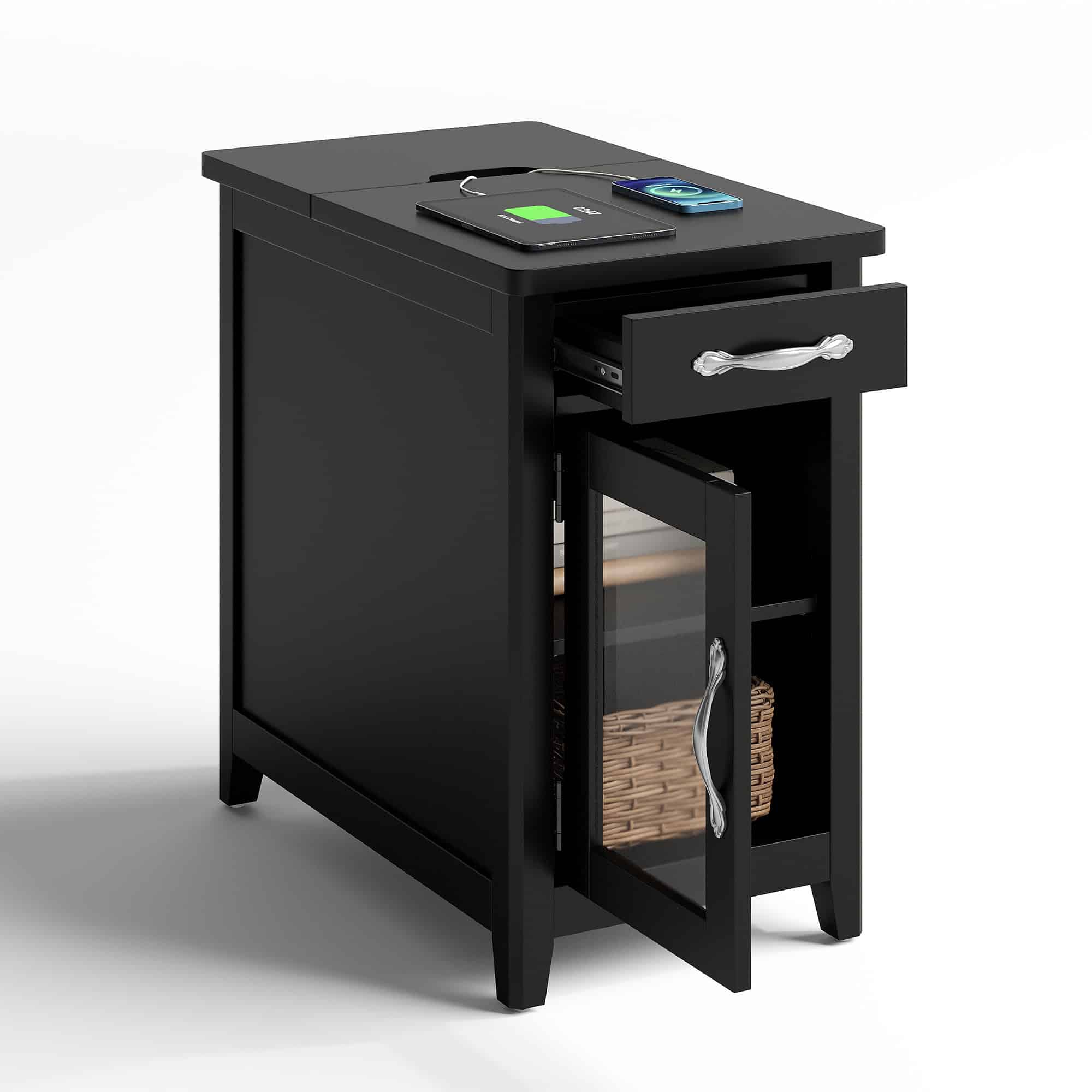 LINSY HOME End Tables for Living Room with Charging Station, Nightstand for Bedroom with Drawer and Detachable Holder,Black