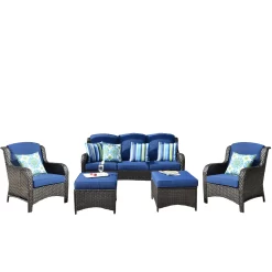 Ovios New Kenard 5-Piece Woven Patio Sofa Conversation Set with Blue Cushions