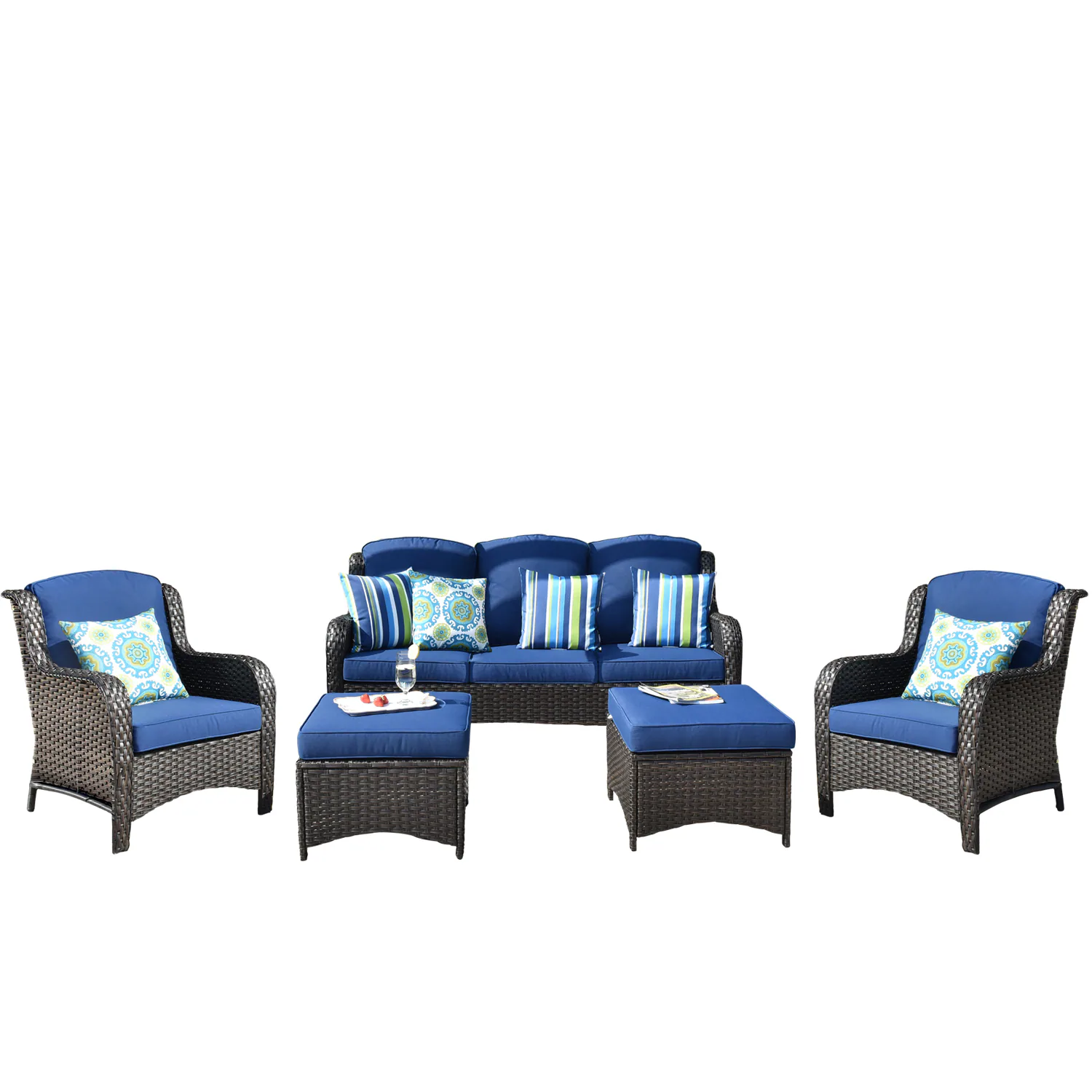 Ovios New Kenard 5-Piece Woven Patio Sofa Conversation Set with Blue Cushions