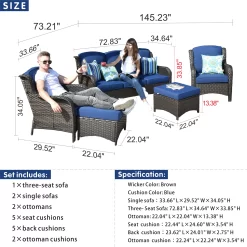 Ovios New Kenard 5-Piece Woven Patio Sofa Conversation Set with Blue Cushions