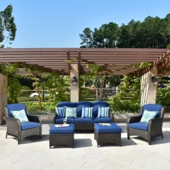 Ovios New Kenard 5-Piece Woven Patio Sofa Conversation Set with Blue Cushions