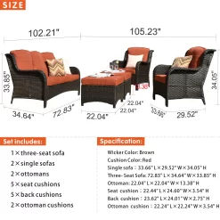 Ovios New Kenard 5-Piece Wicker Patio Sofa Conversation Set with Orange Cushions