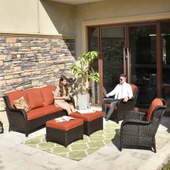 Ovios New Kenard 5-Piece Wicker Patio Sofa Conversation Set with Orange Cushions