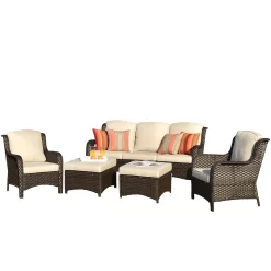 Ovios New Kenard 5-Piece Woven Patio Sofa Conversation Set with Off-white Cushions