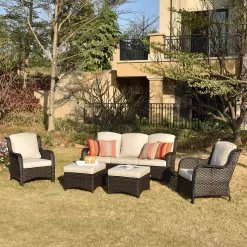 Ovios New Kenard 5-Piece Woven Patio Sofa Conversation Set with Off-white Cushions