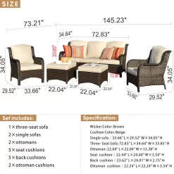 Ovios New Kenard 5-Piece Woven Patio Sofa Conversation Set with Off-white Cushions