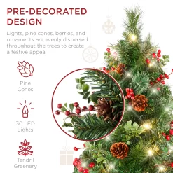 Best Choice Products Set of 2 24.5in Outdoor Pathway Christmas Trees Decor w/ LED Lights, Berries, Pine Cones, Ornaments