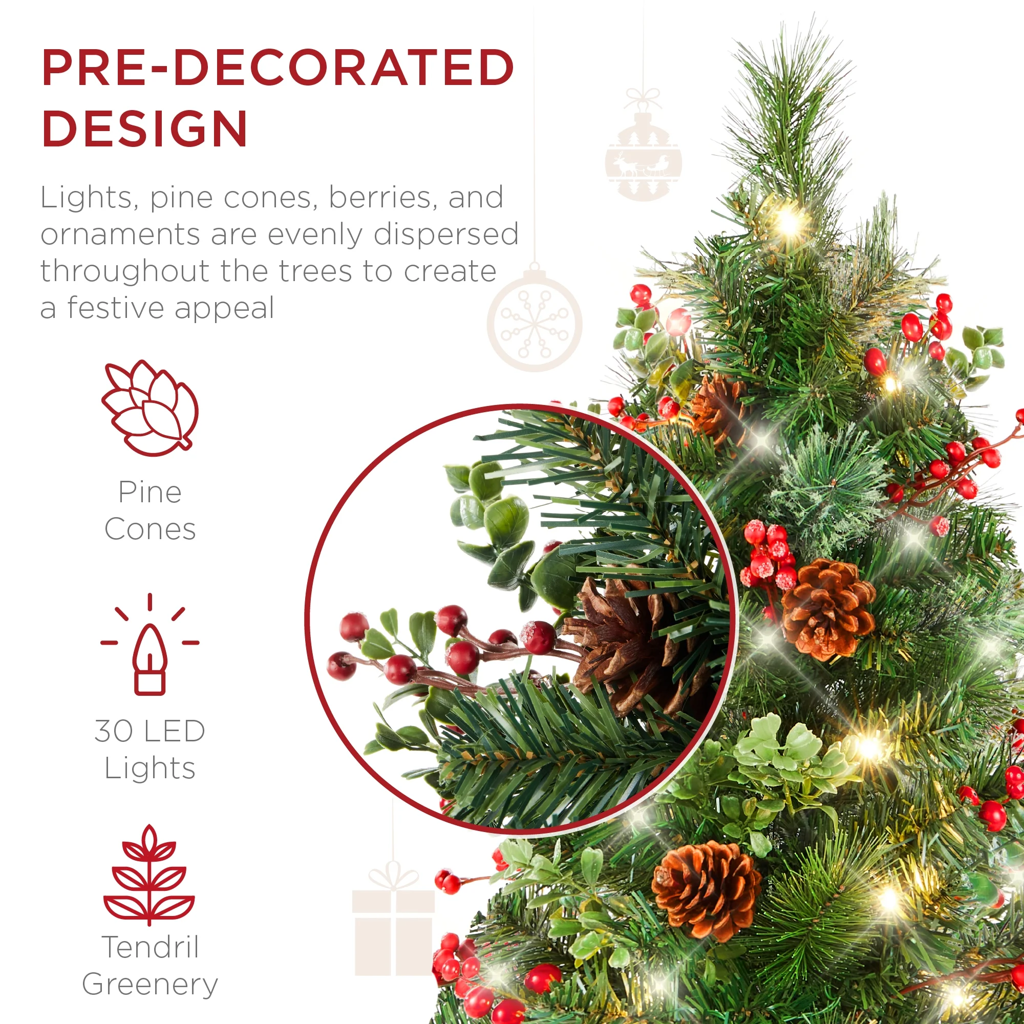 Best Choice Products Set of 2 24.5in Outdoor Pathway Christmas Trees Decor w/ LED Lights, Berries, Pine Cones, Ornaments