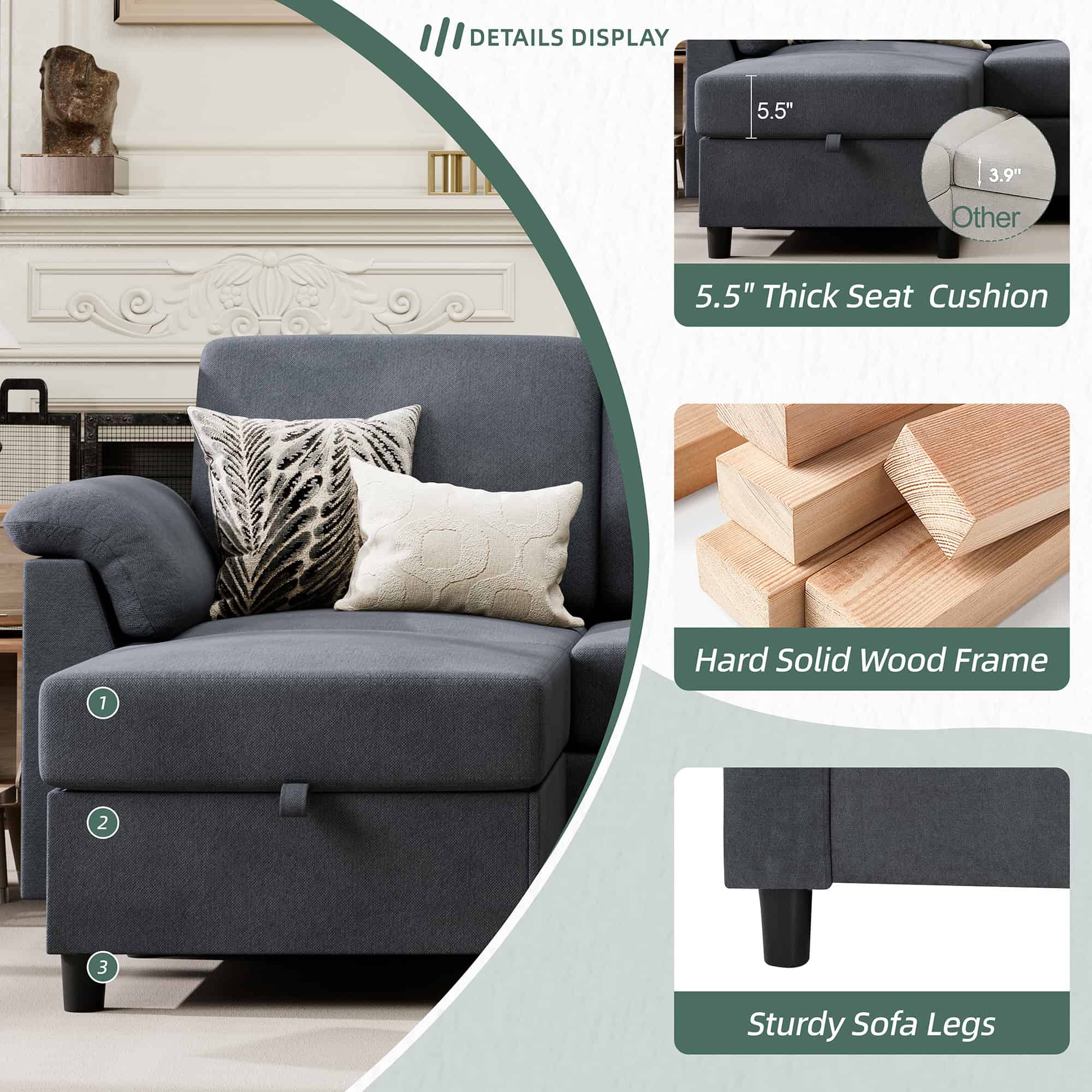 Walsunny 79" Convertible Sectional Sofa Couch With Ottoman, Linen Fabric L Shaped Sofa with Removable Pillows Dark Gray