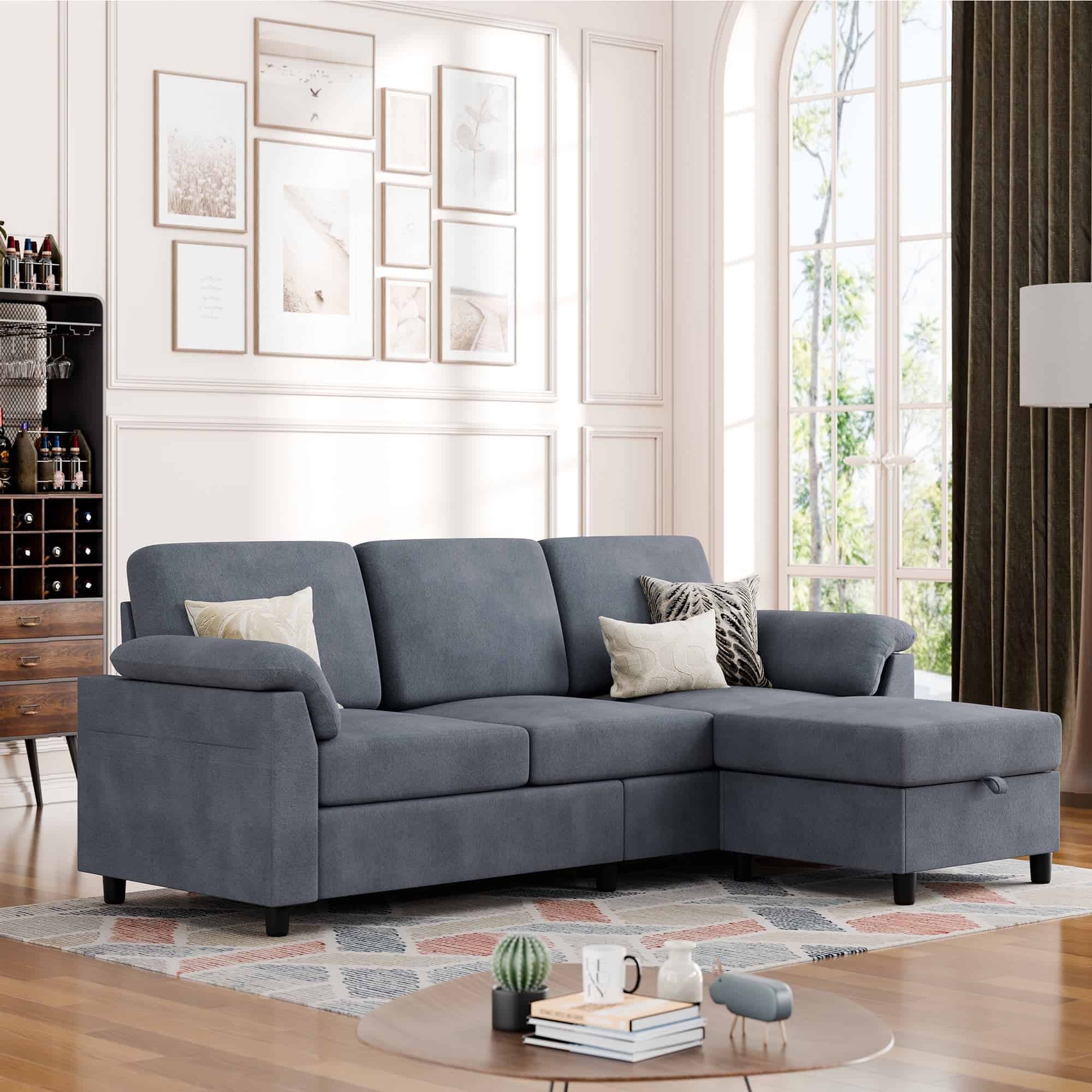 Walsunny 79" Convertible Sectional Sofa Couch With Ottoman, Linen Fabric L Shaped Sofa with Removable Pillows Dark Gray
