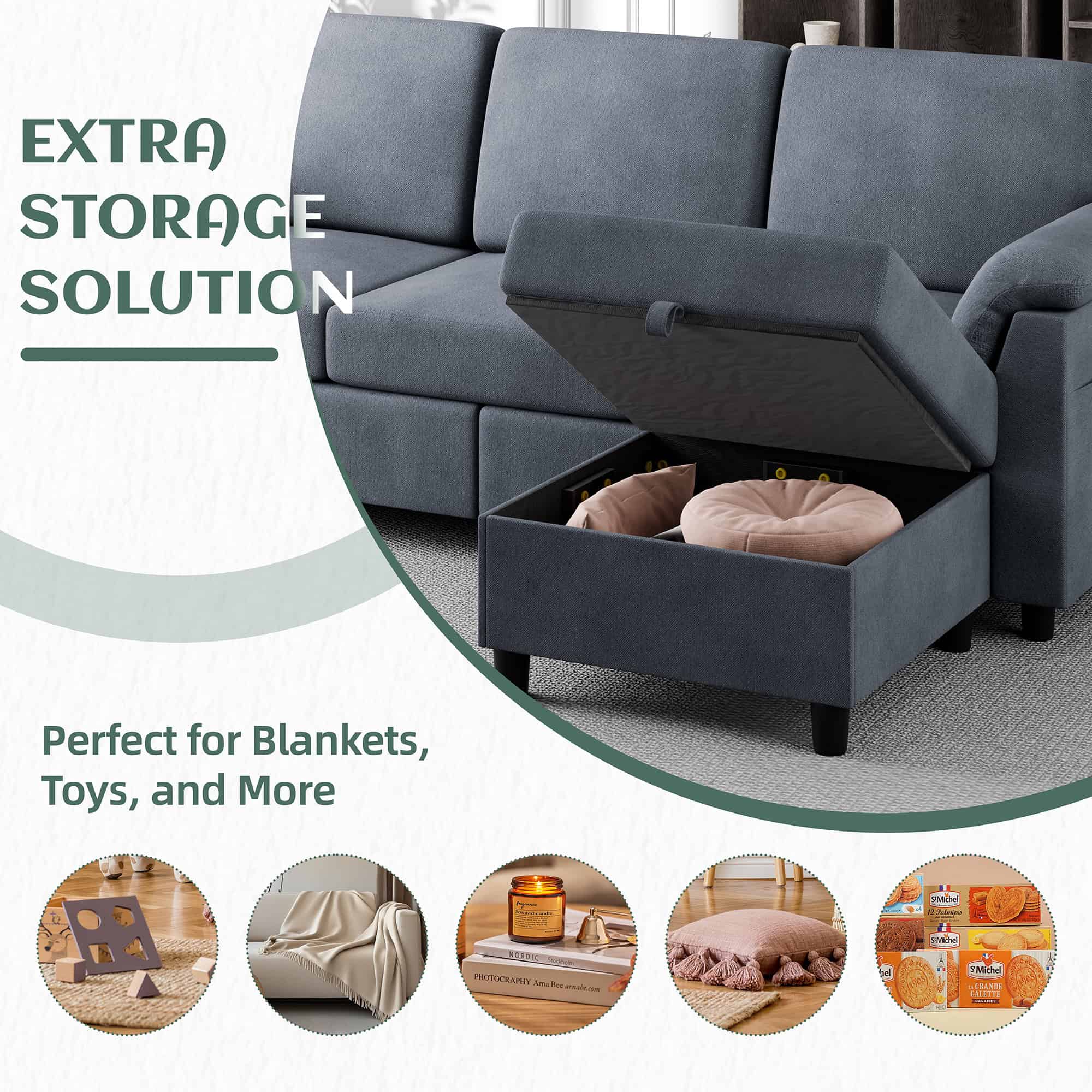 Walsunny 79" Convertible Sectional Sofa Couch With Ottoman, Linen Fabric L Shaped Sofa with Removable Pillows Dark Gray