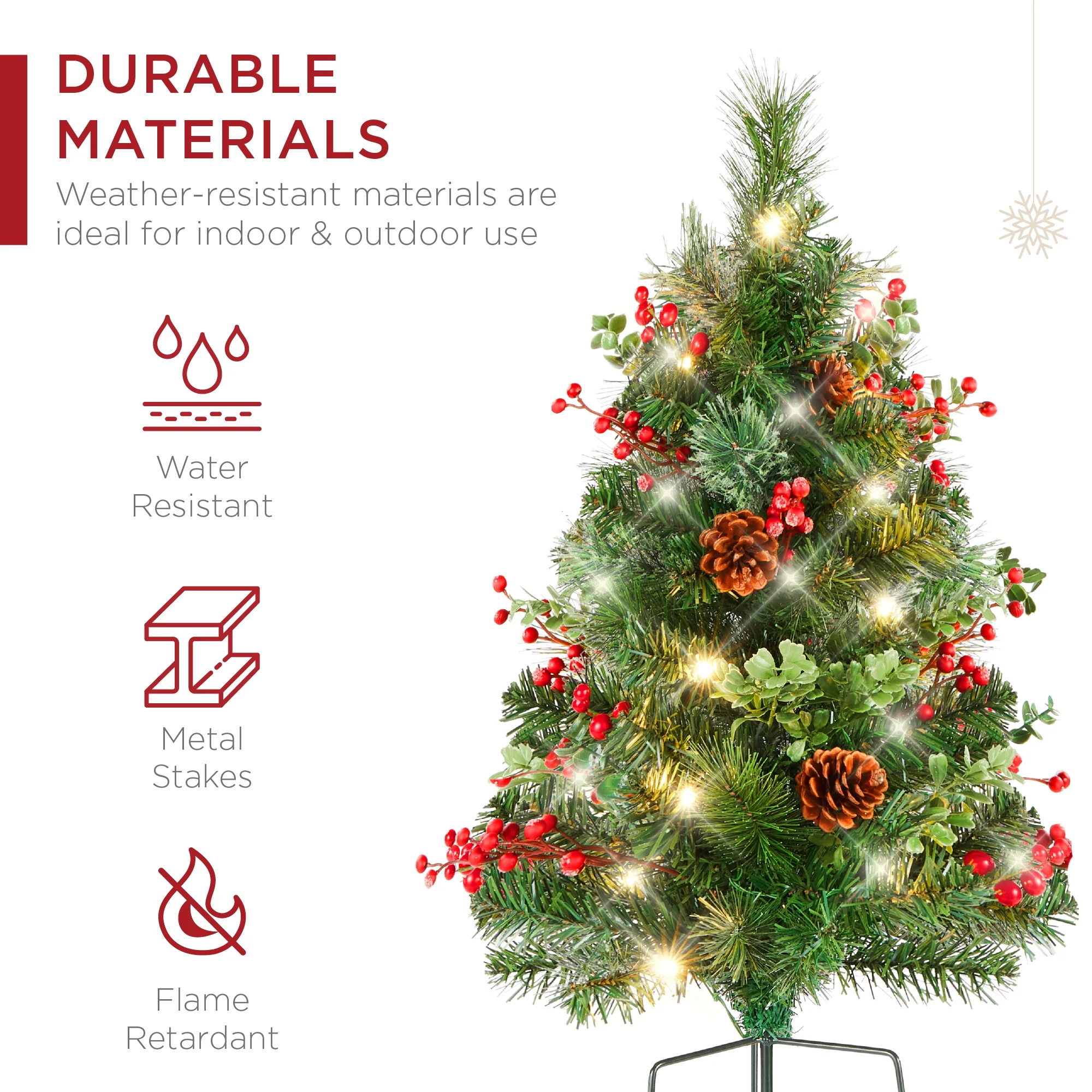 Best Choice Products Set of 2 24.5in Outdoor Pathway Christmas Trees Decor w/ LED Lights, Berries, Pine Cones, Ornaments
