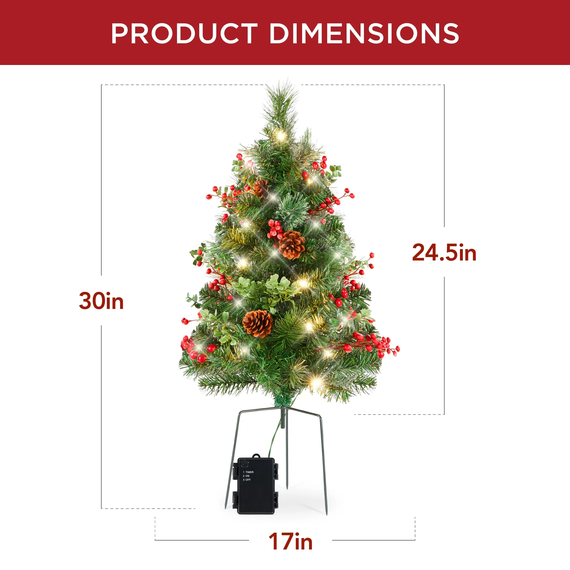 Best Choice Products Set of 2 24.5in Outdoor Pathway Christmas Trees Decor w/ LED Lights, Berries, Pine Cones, Ornaments