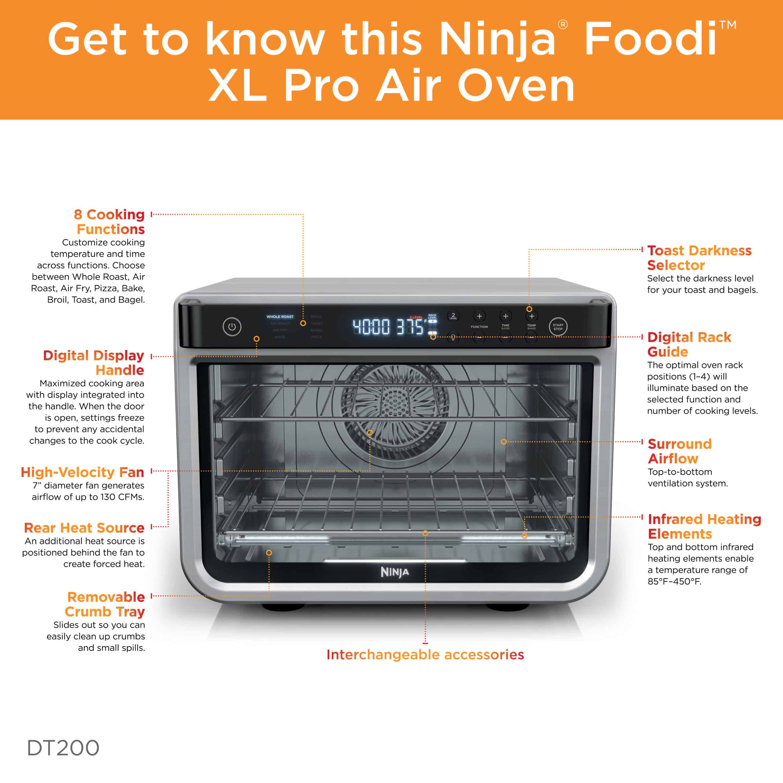 Ninja Foodi 8-in-1 XL Pro Air Fry Oven, Large Countertop Convection Oven, DT200