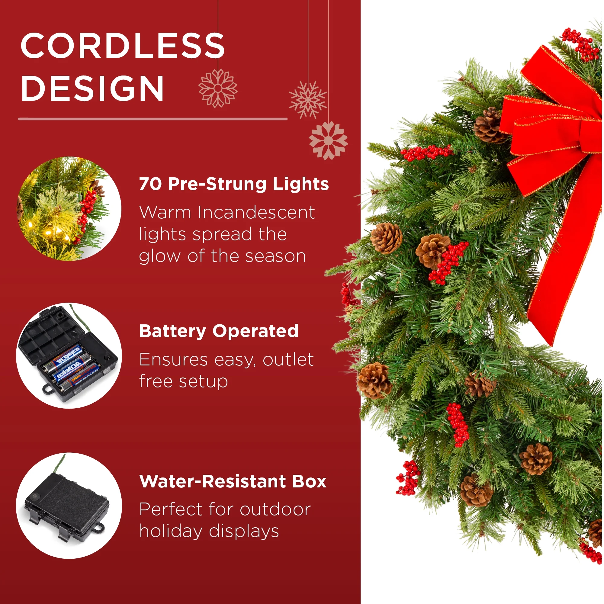 Best Choice Products 24in Pre-Lit Battery Powered Christmas Wreath Decoration w/ 70 Lights, 96 PVC Tips, Ribbons
