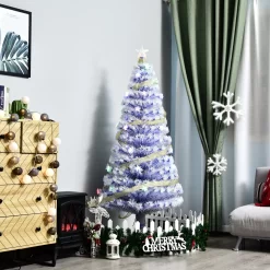 HOMCOM 5ft Tall Pre-Lit Douglas Fir Artificial Christmas Tree with Realistic Branches, Multi-Color LED Lights, Fiber Optics and 180 Tips - White/Blue