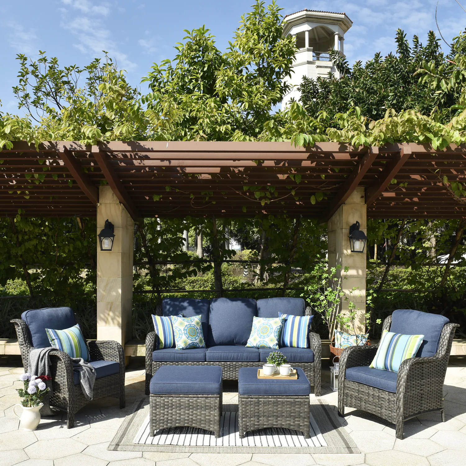 Ovios 5-Piece Rattan Patio Sofa Conversation Set with Blue Cushions