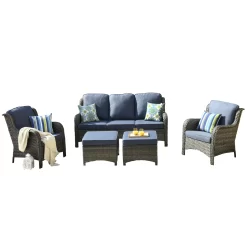 Ovios 5-Piece Rattan Patio Sofa Conversation Set with Blue Cushions