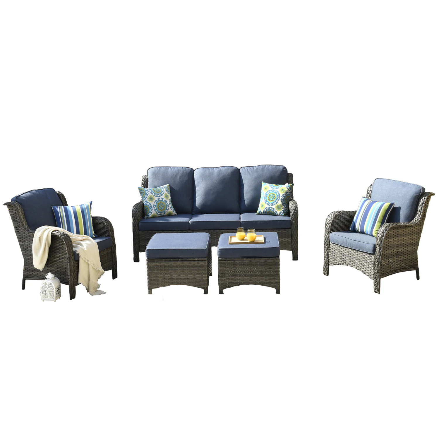 Ovios 5-Piece Rattan Patio Sofa Conversation Set with Blue Cushions