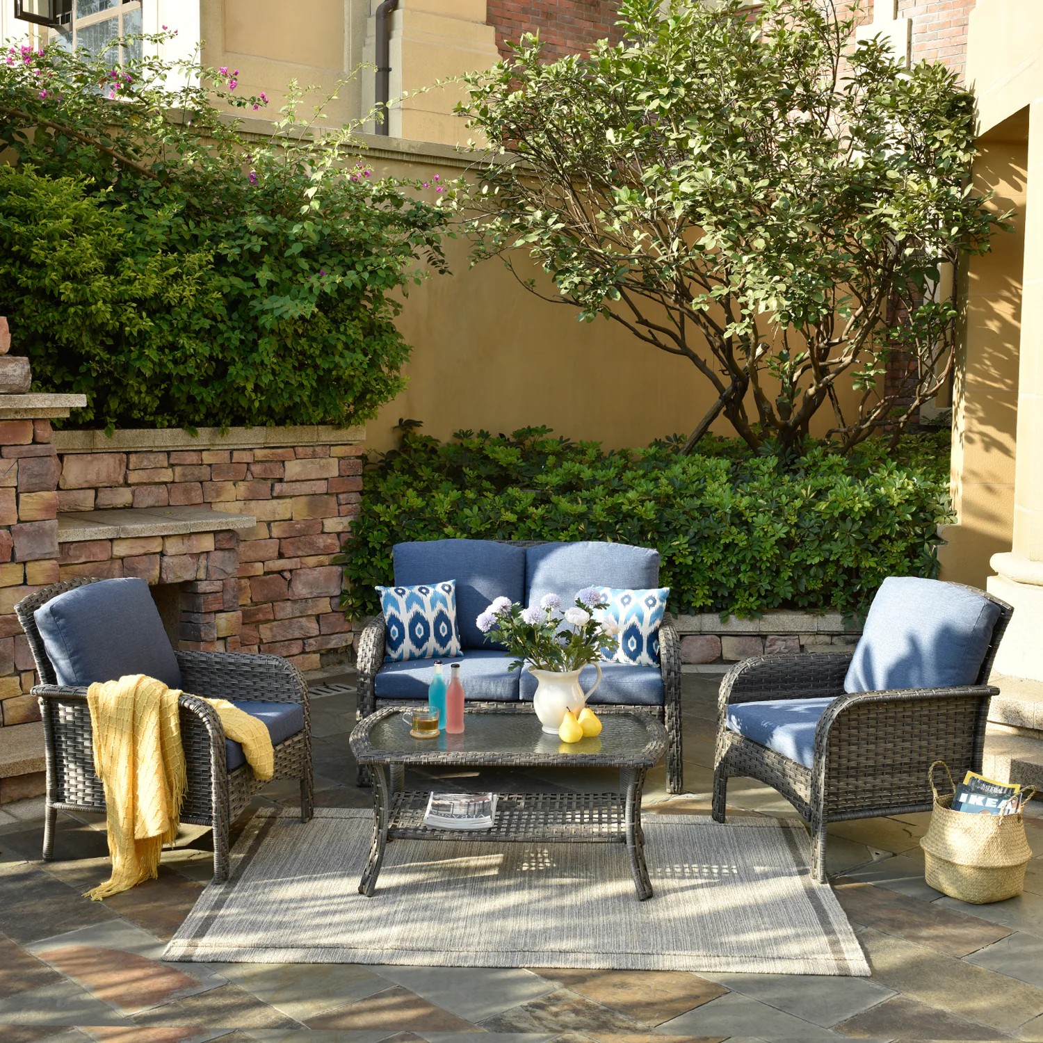 Ovios New Augtus 4-Piece Rattan Patio Conversation Set with Blue Cushions