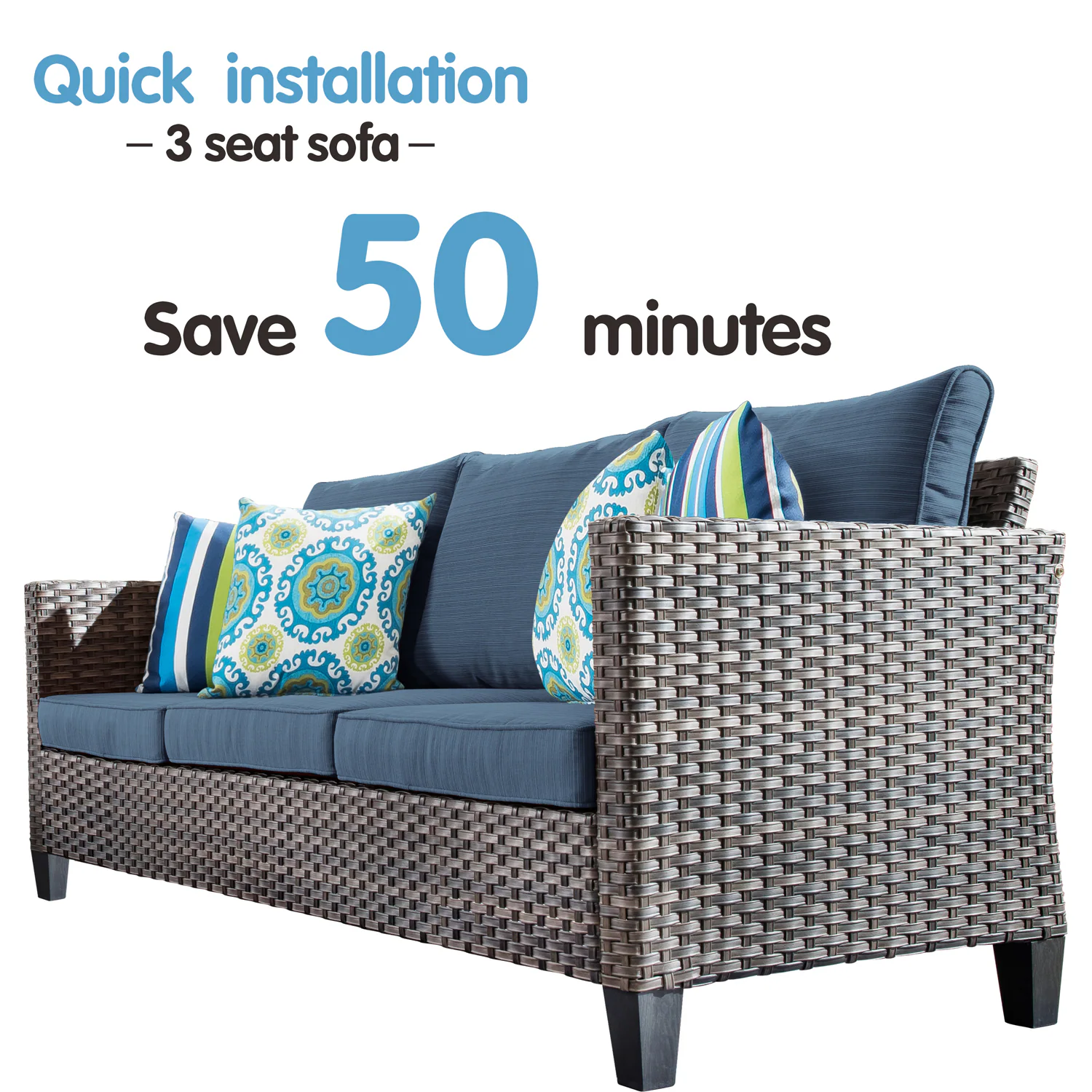 Ovios New Vultros Rattan Outdoor Sofa with Blue Cushions and Rattan Frame