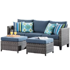 Ovios New Vultros Rattan Outdoor Sofa with Blue Cushions and Rattan Frame