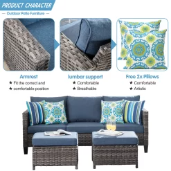 Ovios New Vultros Rattan Outdoor Sofa with Blue Cushions and Rattan Frame