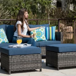 Ovios New Vultros Rattan Outdoor Sofa with Blue Cushions and Rattan Frame