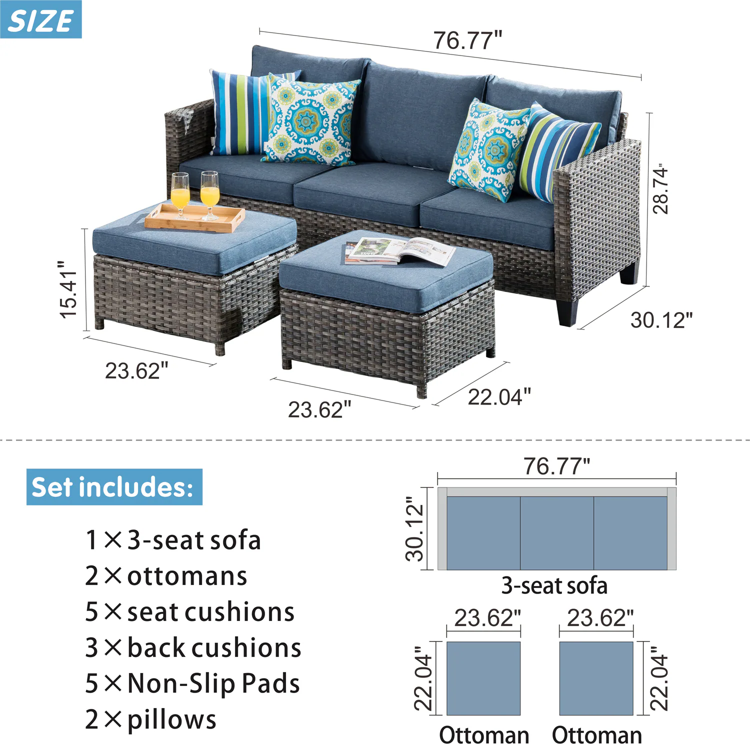 Ovios New Vultros Rattan Outdoor Sofa with Blue Cushions and Rattan Frame