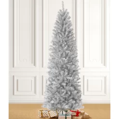 Glitzhome 7.5-ft Silver Tinsel Artificial Christmas Tree - Full Shape - Green - Standard Size - 1188 PVC Tips