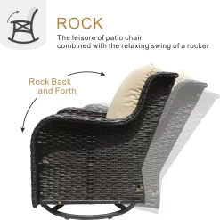 Ovios 2 Rattan Brown Wicker with Beige Cushions Iron Frame Swivel Rocking Chair with Off-white Cushioned Seat