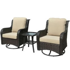 Ovios 2 Rattan Brown Wicker with Beige Cushions Iron Frame Swivel Rocking Chair with Off-white Cushioned Seat