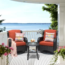 Ovios 2 Rattan Brown Wicker with Orange Red Cushions Iron Frame Swivel Rocking Chair with Orange Cushioned Seat