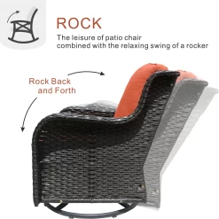 Ovios 2 Rattan Brown Wicker with Orange Red Cushions Iron Frame Swivel Rocking Chair with Orange Cushioned Seat