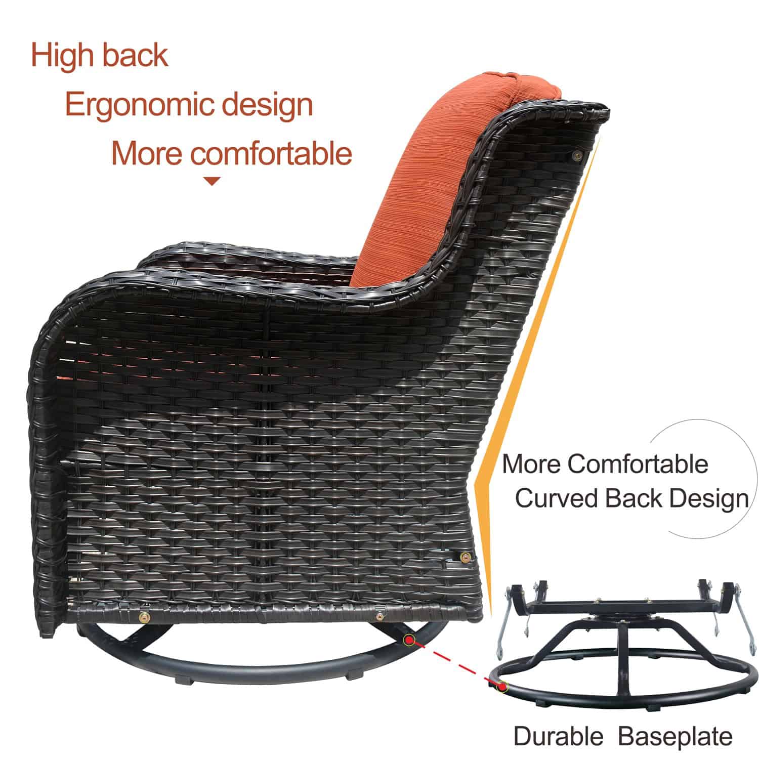 Ovios 2 Rattan Brown Wicker with Orange Red Cushions Iron Frame Swivel Rocking Chair with Orange Cushioned Seat