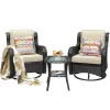Ovios 2 Rattan Brown Wicker with Beige Cushions Iron Frame Swivel Rocking Chair with Off-white Cushioned Seat