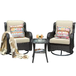 Ovios 2 Rattan Brown Wicker with Beige Cushions Iron Frame Swivel Rocking Chair with Off-white Cushioned Seat
