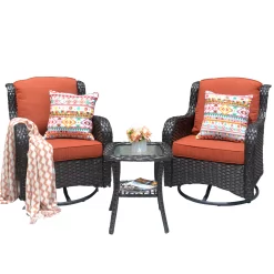 Ovios 2 Rattan Brown Wicker with Orange Red Cushions Iron Frame Swivel Rocking Chair with Orange Cushioned Seat