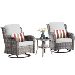 Ovios 2 Rattan Gray Wicker with Gray Cushions Metal Frame Swivel Rocking Chair with Gray Cushioned Seat