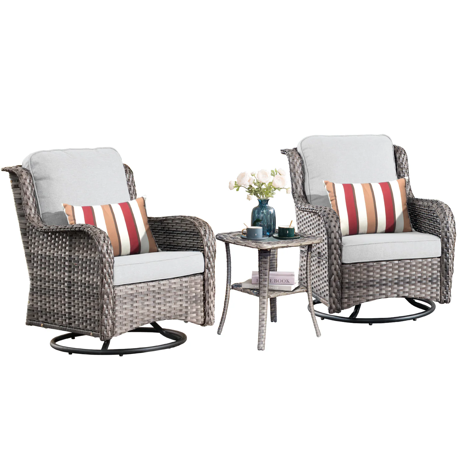 Ovios 2 Rattan Gray Wicker with Gray Cushions Metal Frame Swivel Rocking Chair with Gray Cushioned Seat