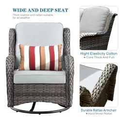 Ovios 2 Rattan Gray Wicker with Gray Cushions Metal Frame Swivel Rocking Chair with Gray Cushioned Seat