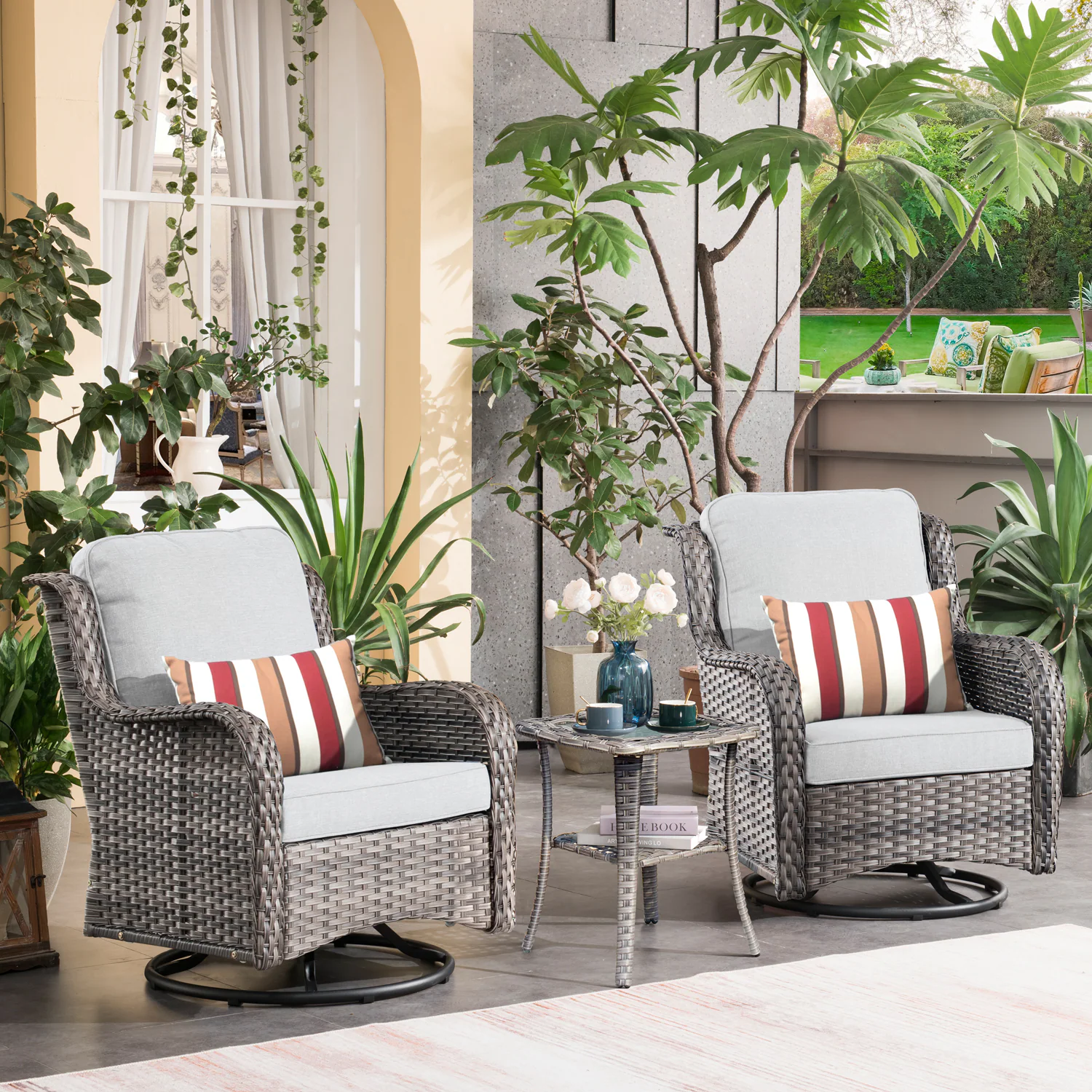 Ovios 2 Rattan Gray Wicker with Gray Cushions Metal Frame Swivel Rocking Chair with Gray Cushioned Seat